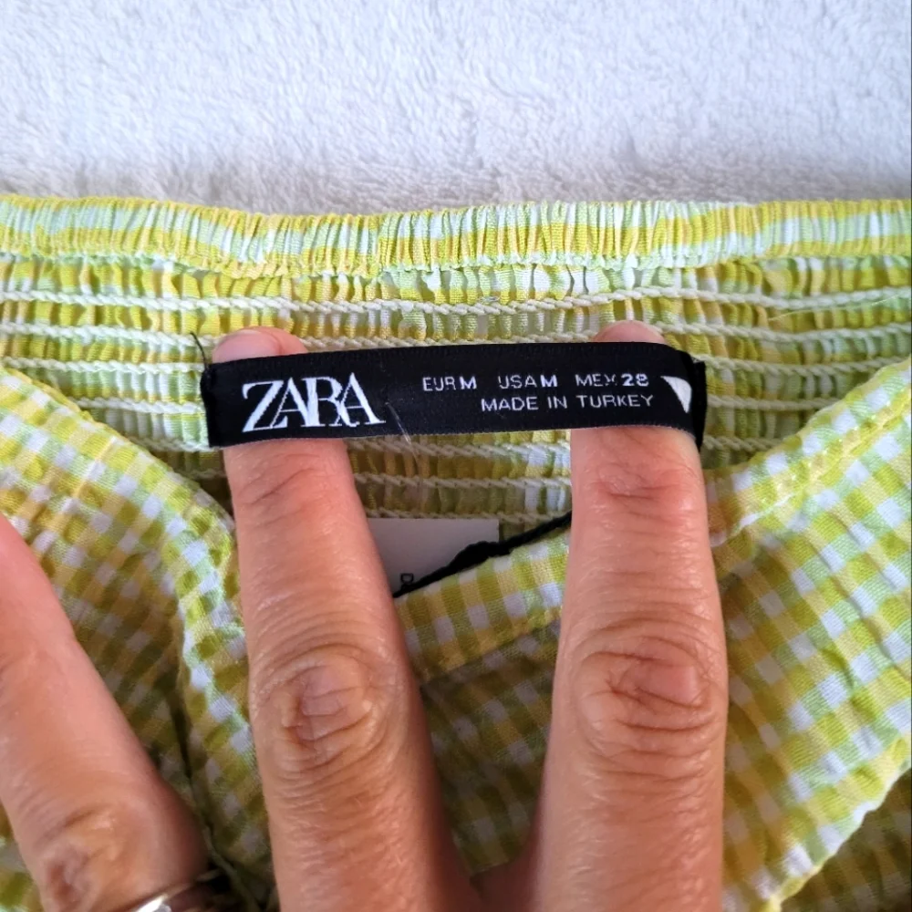 💕 Zara NEW Lime Yellow Gingham Plaid Crop Bubble Sleeves Checkered Knot Zipper - Picture 12 of 15